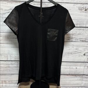 Black V-Neck T-Shirt with Faux Leather Accents